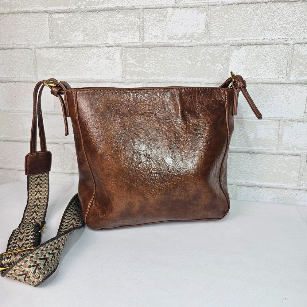 Vintage Brown Faux Leather Crossbody Bag Boho Western Wide Strap Purse - Picture 2 of 12